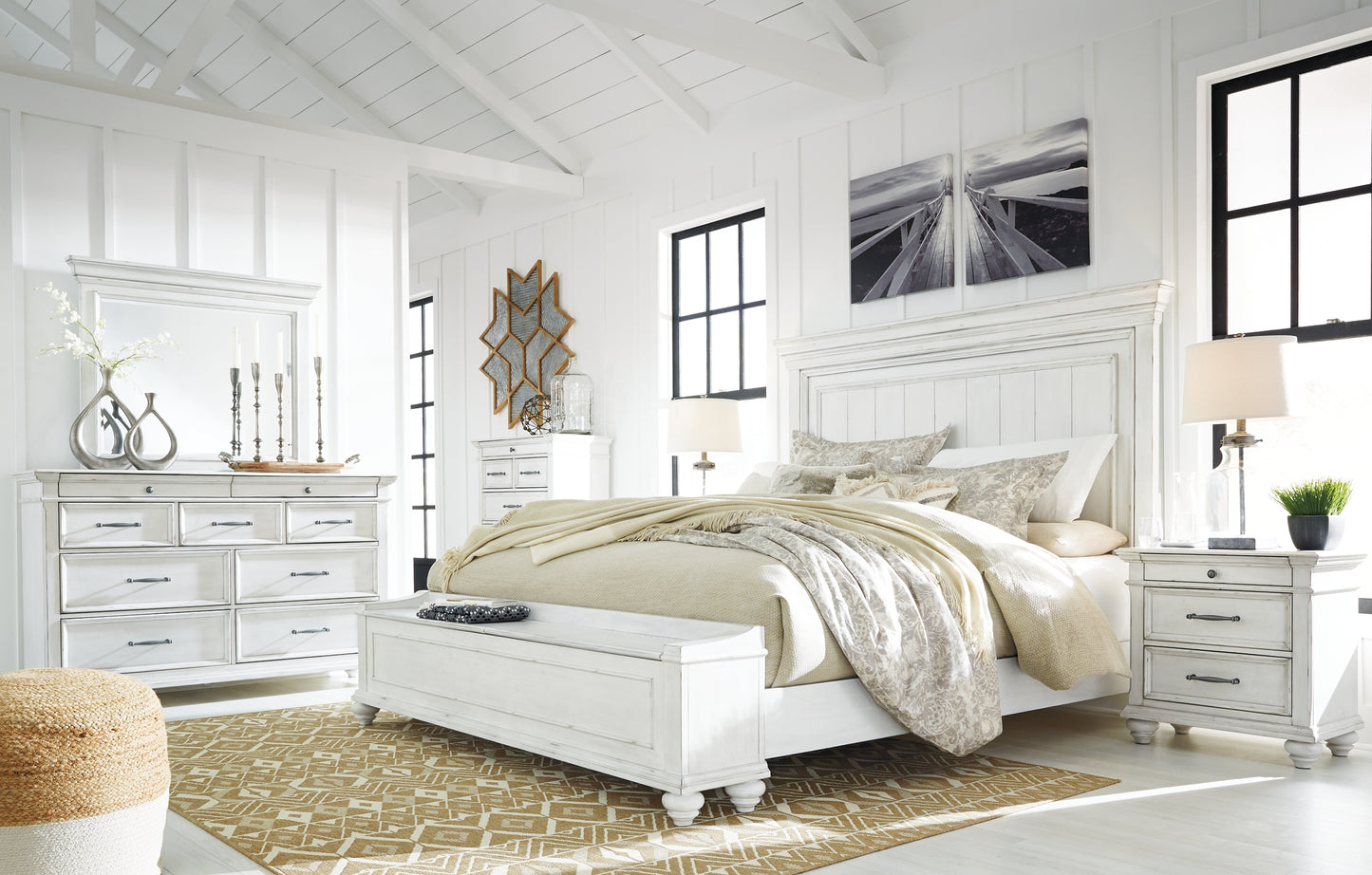 Kanwyn  Panel Bed With Storage With Mirrored Dresser And Chest