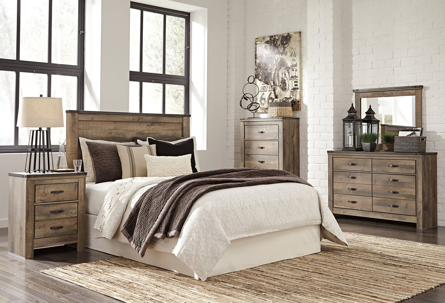Trinell  Panel Headboard With Mirrored Dresser And Chest