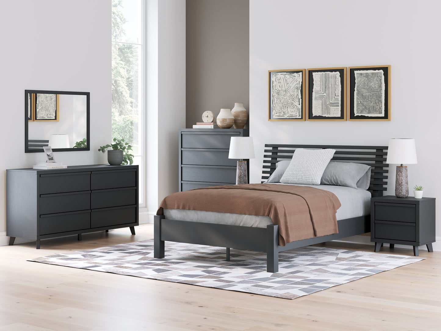 Danziar  Panel Headboard With Mirrored Dresser And Chest
