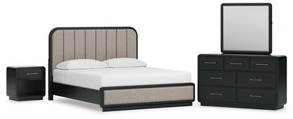 Rowanbeck California  Upholstered Panel Bed, Dresser, Mirror And Nightstand