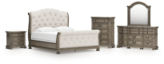 Ardenfield California  Upholstered Sleigh Bed With Mirrored Dresser, Chest And Nightstand