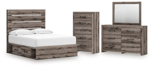 Graystorm  Panel Bed With Storage With Mirrored Dresser And Chest