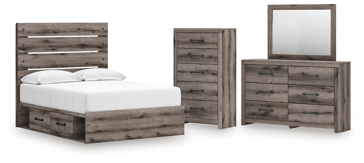 Graystorm  Panel Bed With Storage With Mirrored Dresser And Chest