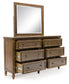 Sturlayne California  Upholstered Panel Bed With Mirrored Dresser And Chest