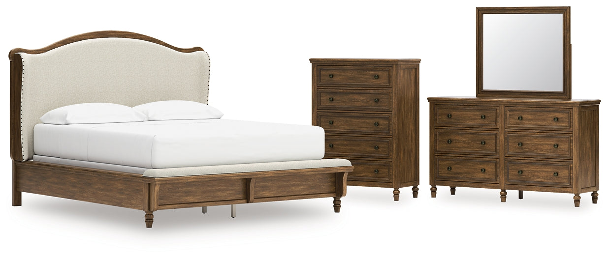 Sturlayne California  Upholstered Panel Bed With Mirrored Dresser And Chest