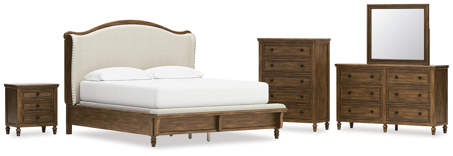 Sturlayne California  Upholstered Panel Bed With Mirrored Dresser, Chest And Nightstand