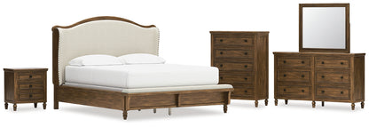 Sturlayne California  Upholstered Panel Bed, Dresser, Mirror, Chest And Nightstand