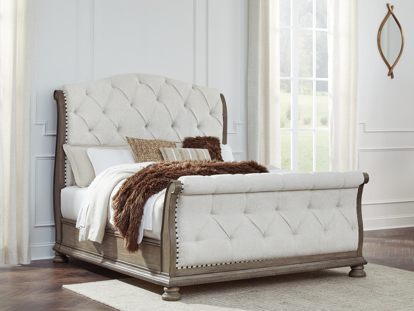 Ardenfield  Upholstered Sleigh Bed With Mirrored Dresser And Chest