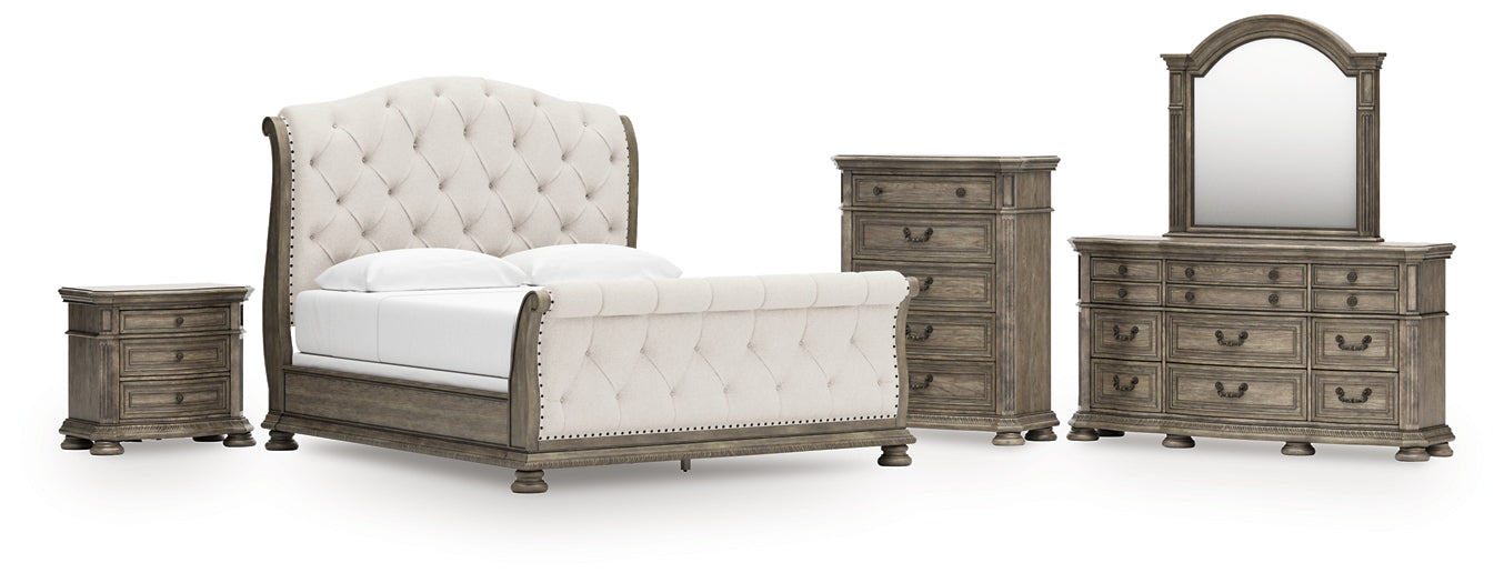 Ardenfield  Upholstered Sleigh Bed With Mirrored Dresser, Chest And Nightstand