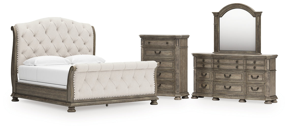 Ardenfield  Upholstered Sleigh Bed With Mirrored Dresser And Chest