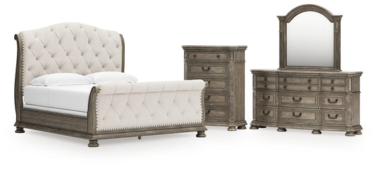 Ardenfield  Upholstered Sleigh Bed With Mirrored Dresser And Chest