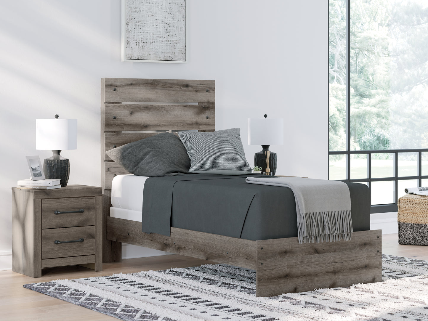 Graystorm  Panel Bed With Mirrored Dresser, Chest And Nightstand