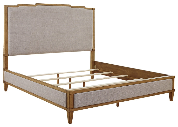 Sharlance California  Upholstered Panel Bed With Mirrored Dresser And Chest