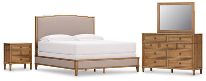 Sharlance California  Upholstered Panel Bed, Dresser, Mirror And Nightstand