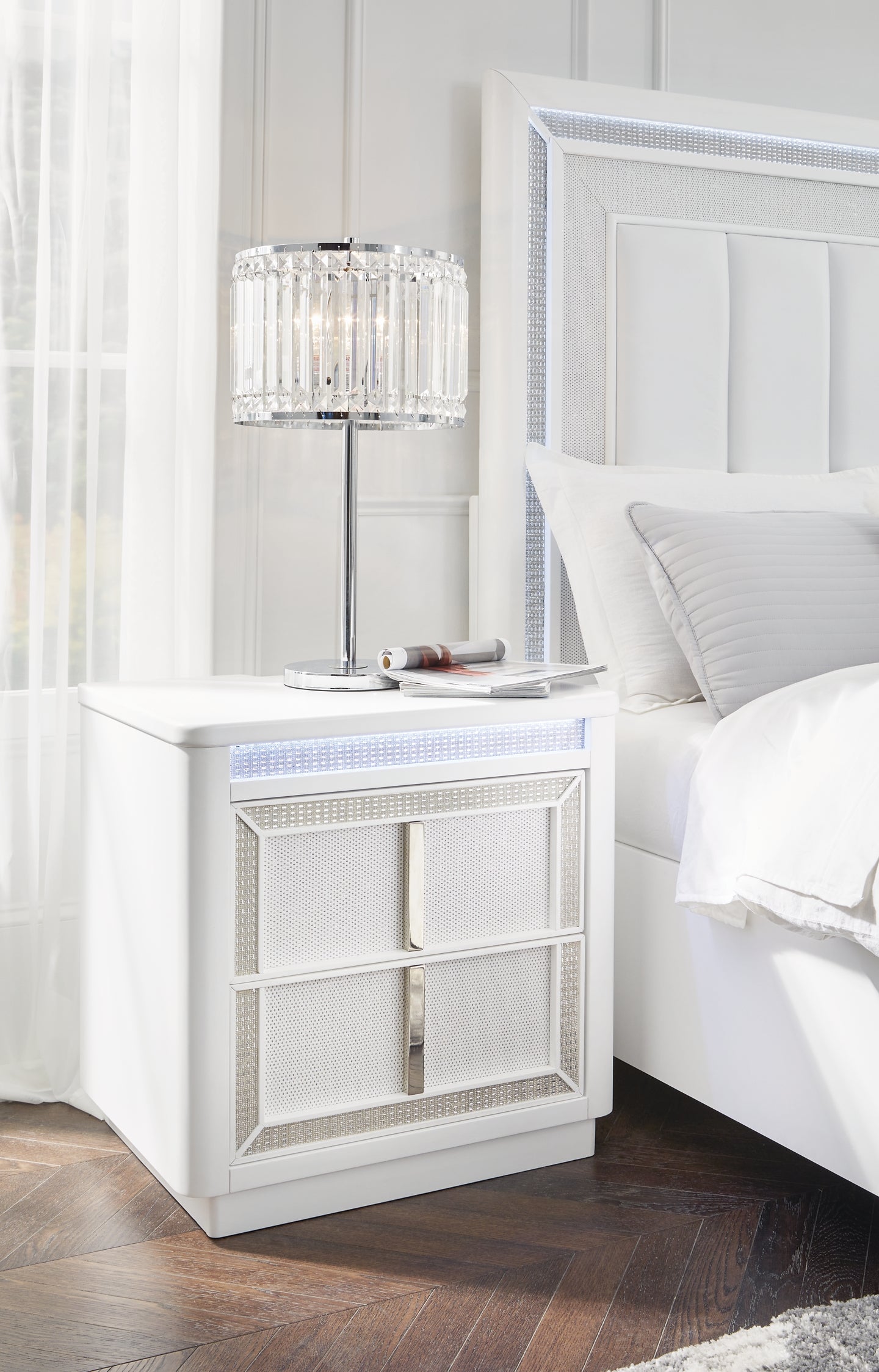 Chalanna California  Upholstered Storage Bed With Mirrored Dresser And Nightstand