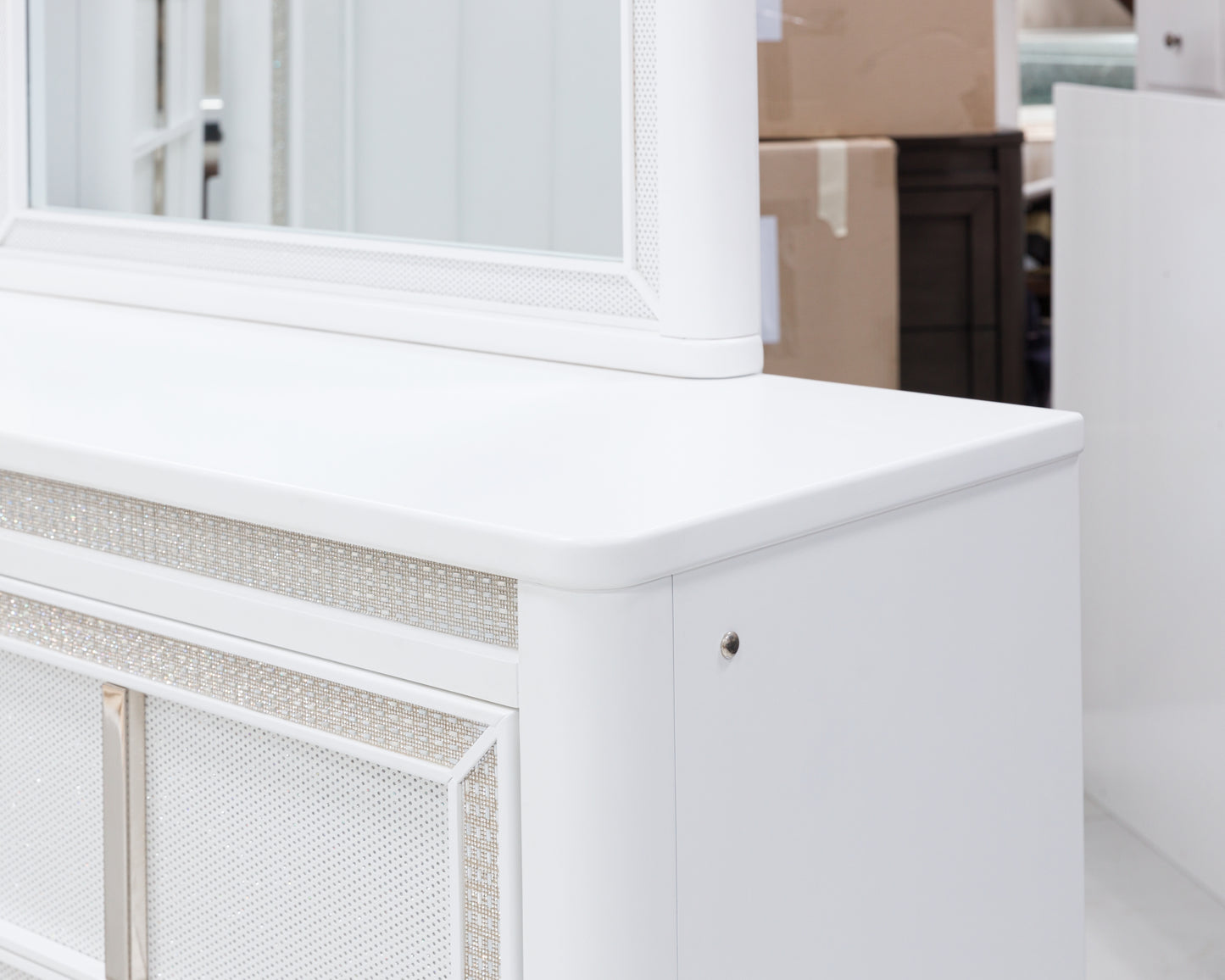 Chalanna California  Upholstered Storage Bed With Mirrored Dresser, Chest And Nightstand