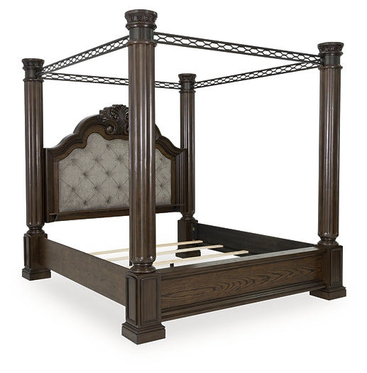 Maylee  Canopy Bed With Mirrored Dresser And Chest