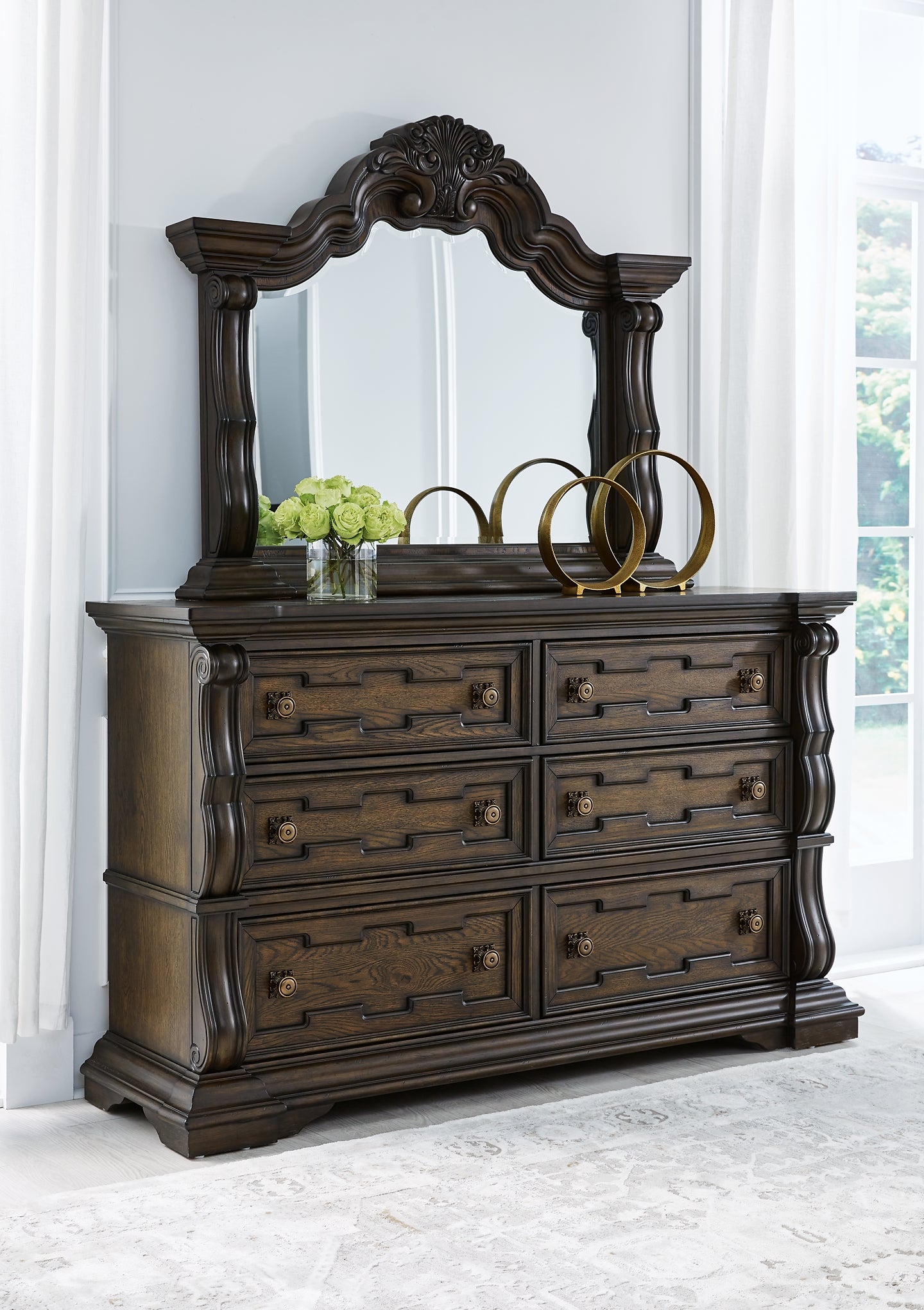Maylee California  Upholstered Bed With Mirrored Dresser, Chest And Nightstand