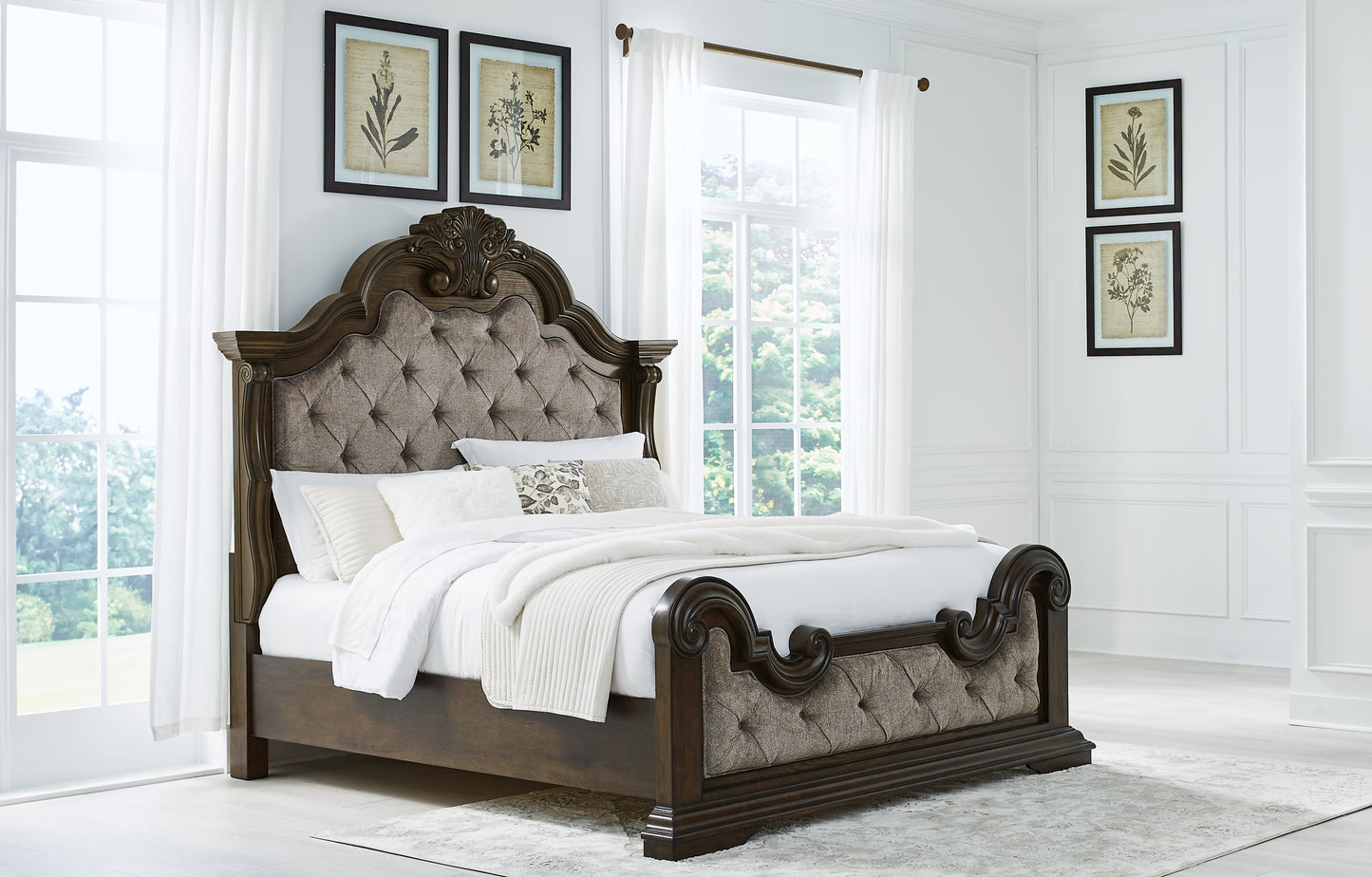 Maylee California  Upholstered Bed With Mirrored Dresser, Chest And Nightstand