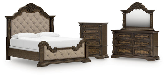 Maylee California  Upholstered Bed With Mirrored Dresser And Chest
