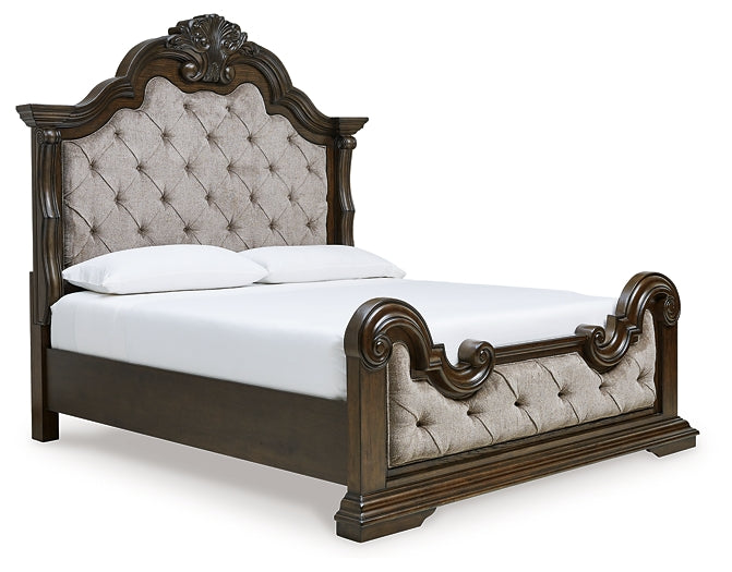 Maylee  Upholstered Bed With Mirrored Dresser And Chest