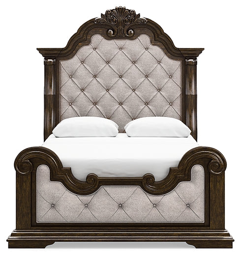Maylee  Upholstered Bed With Mirrored Dresser And Chest