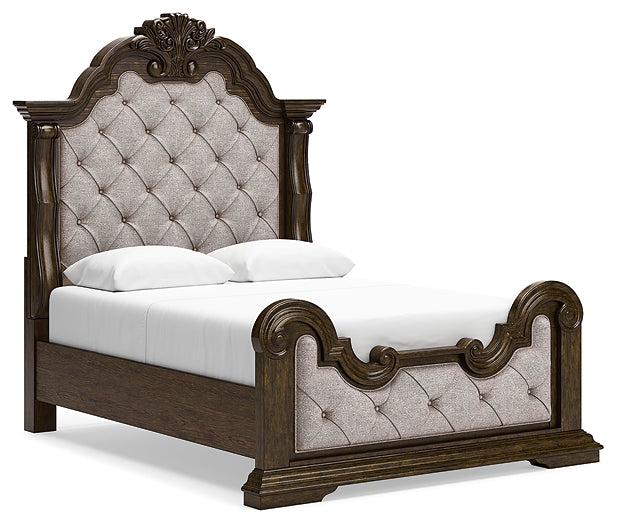Maylee  Upholstered Bed With Mirrored Dresser And Chest