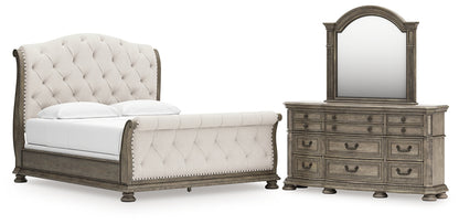 Ardenfield California  Upholstered Sleigh Bed, Dresser And Mirror