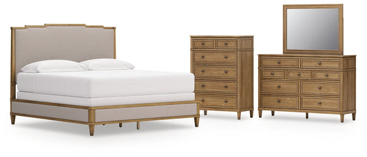 Sharlance  Upholstered Panel Bed With Mirrored Dresser And Chest