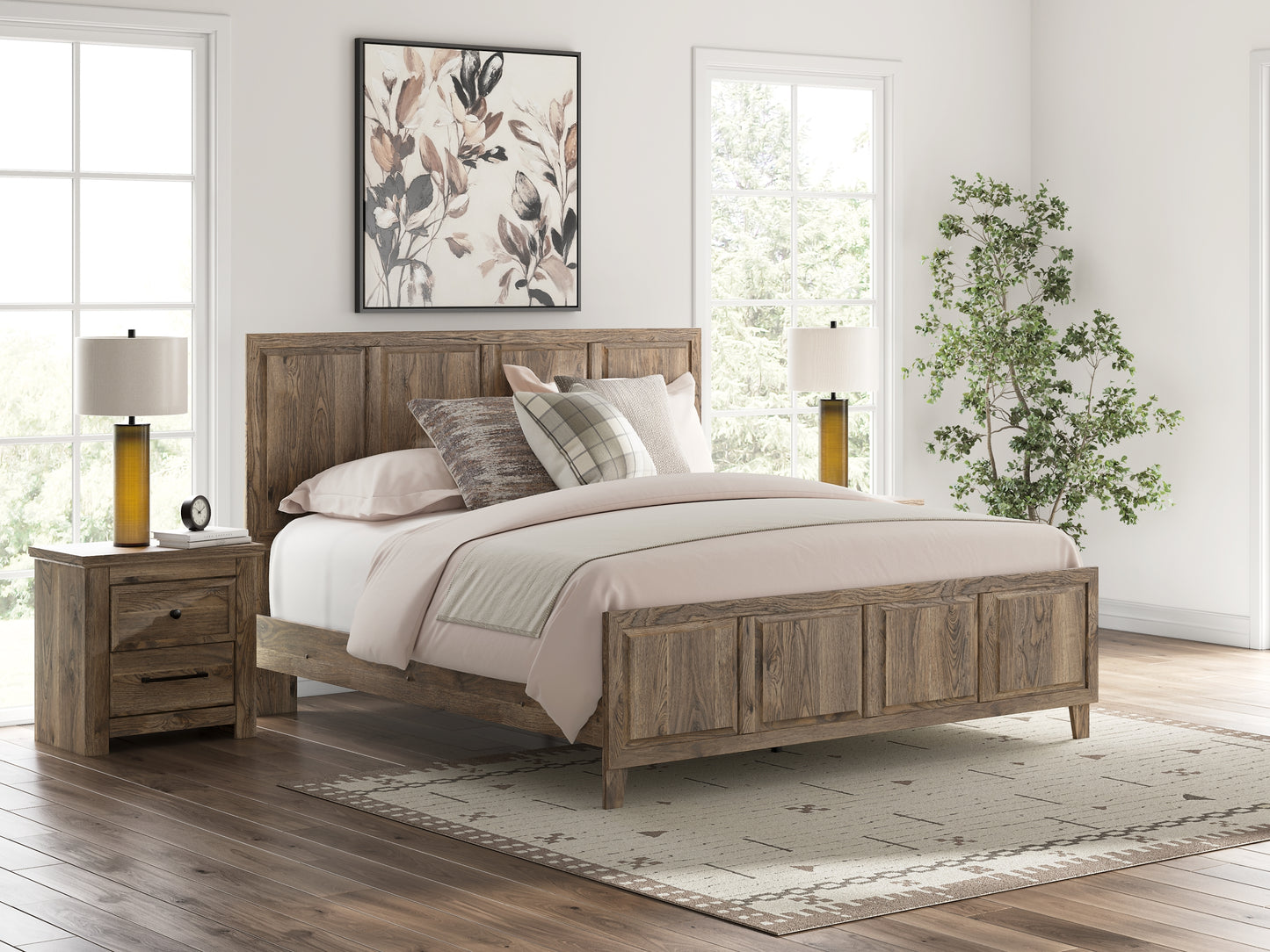 Rusticott  Panel Bed With Mirrored Dresser And Nightstand