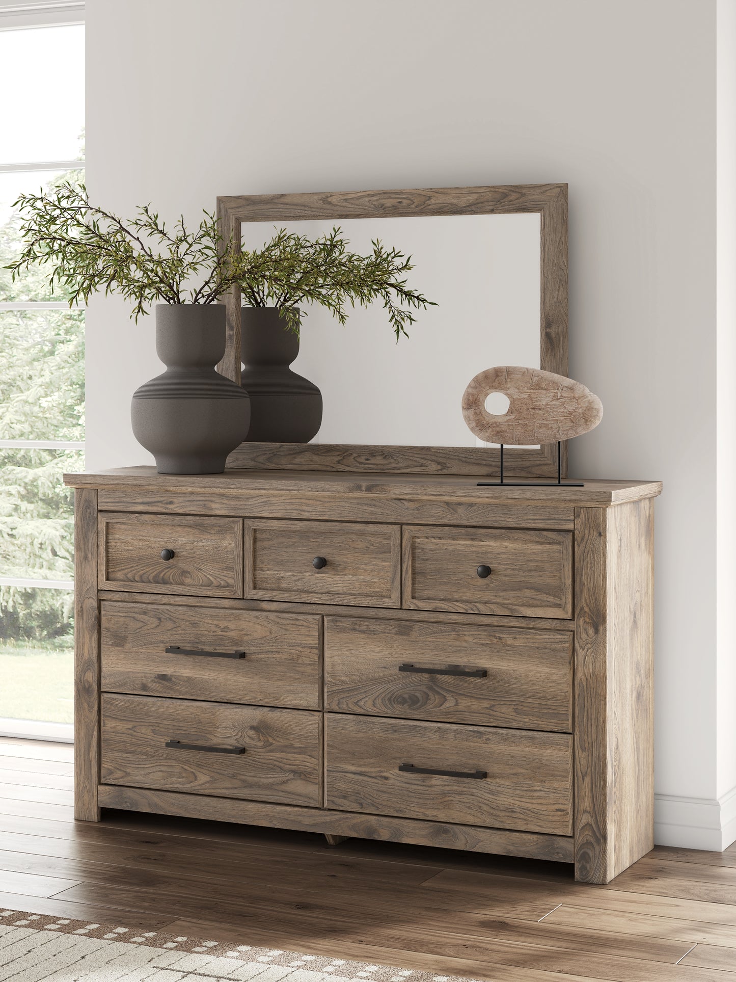Rusticott  Panel Bed With Mirrored Dresser And Nightstand