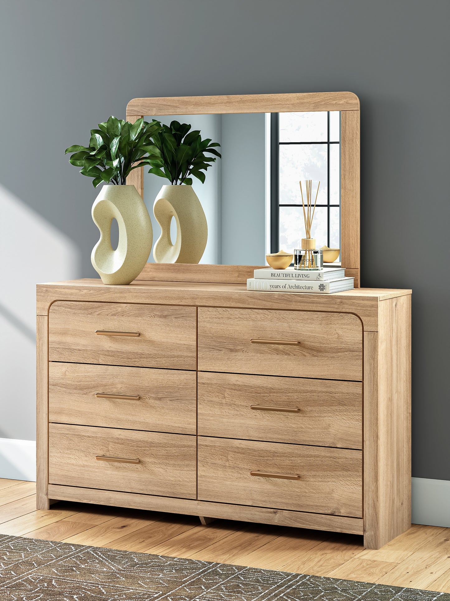 Kinlanni  Upholstered Panel Bed, Dresser, Mirror And Nightstand