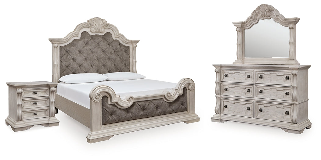 Bruchandi  Upholstered Panel Bed With Mirrored Dresser And Nightstand