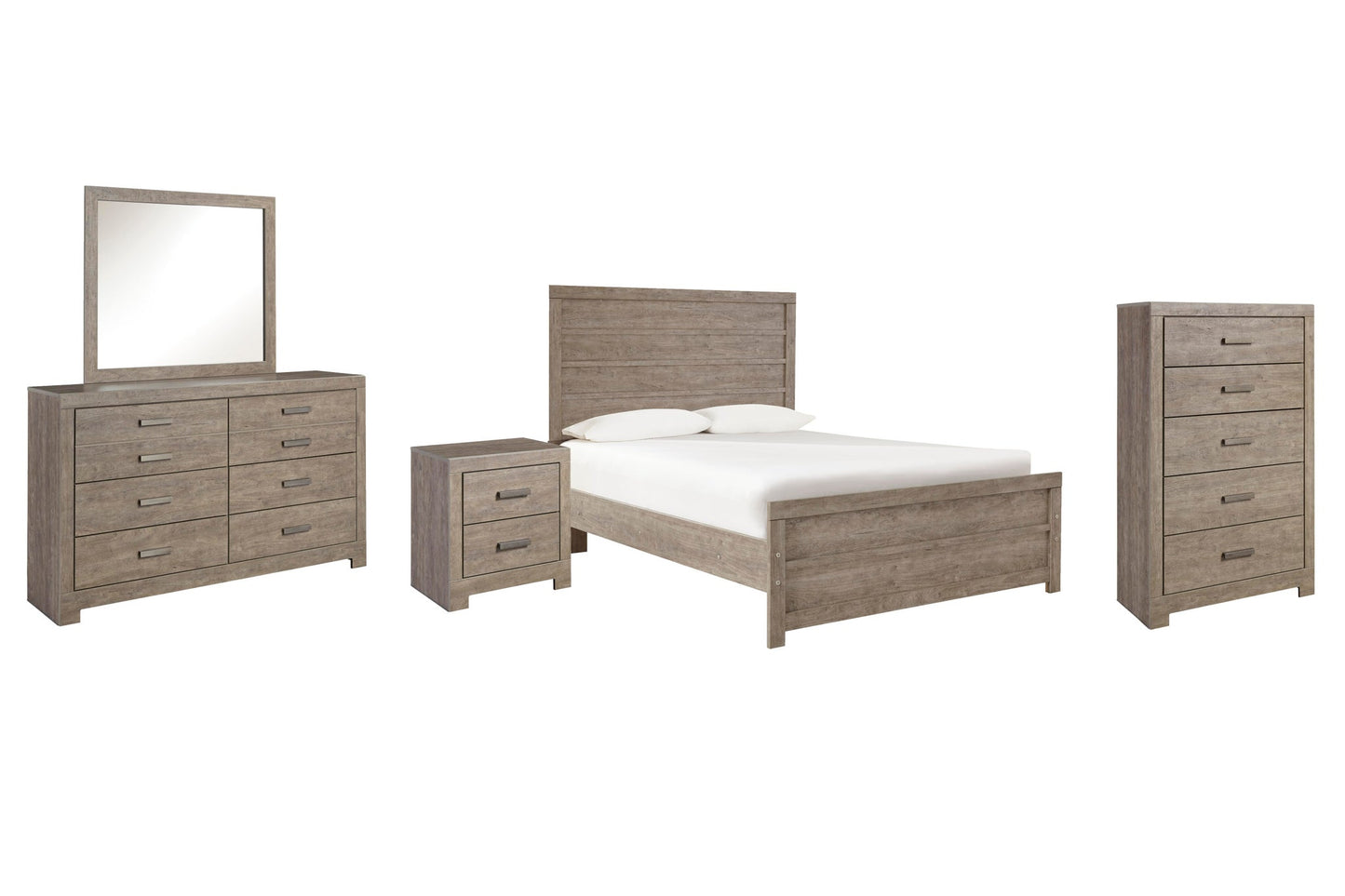 Cama Culverbach con paneles, cómoda con espejo y mesita de noche