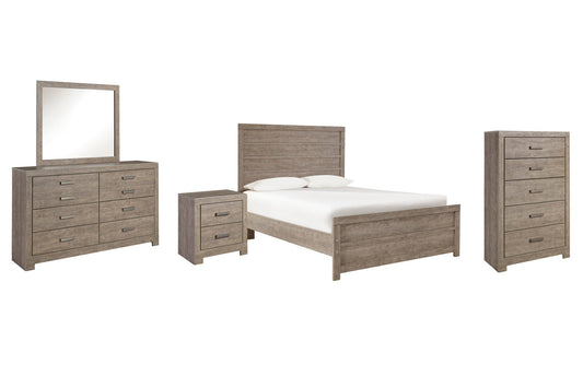 Cama Culverbach con paneles, cómoda con espejo y mesita de noche