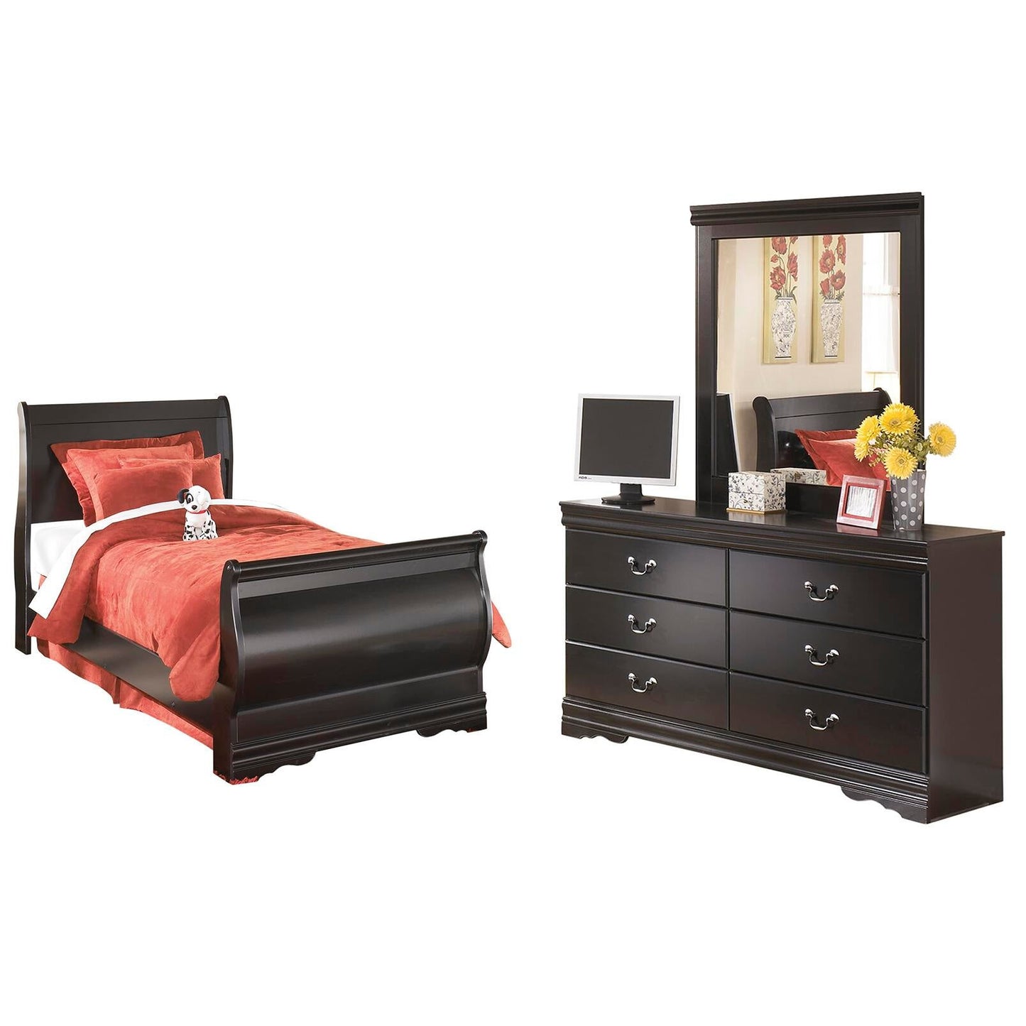 Cama estilo trineo Huey Vineyard con tocador con espejo