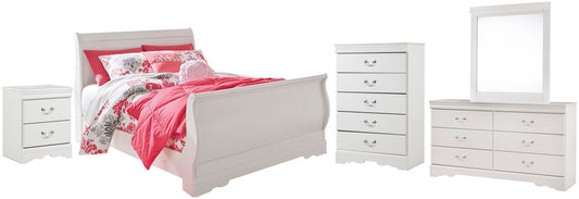 Cama tipo trineo Anarasia con tocador con espejo, cómoda y mesita de noche