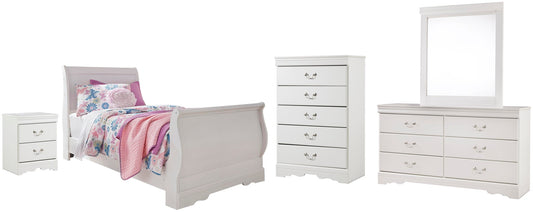 Cama tipo trineo Anarasia con tocador con espejo, cómoda y mesita de noche