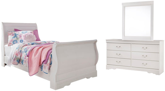 Cama tipo trineo Anarasia con tocador con espejo