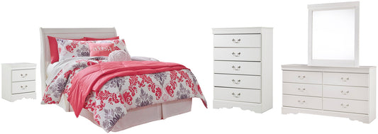 Cabecero estilo trineo Anarasia con cómoda con espejo, cómoda y mesita de noche