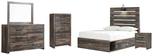 Cama Drystan con 4 cajones, cómoda con espejo y mesita de noche