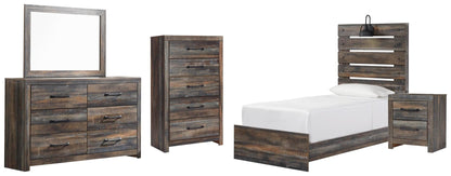 Cama Drystan con paneles, cómoda con espejo y mesita de noche