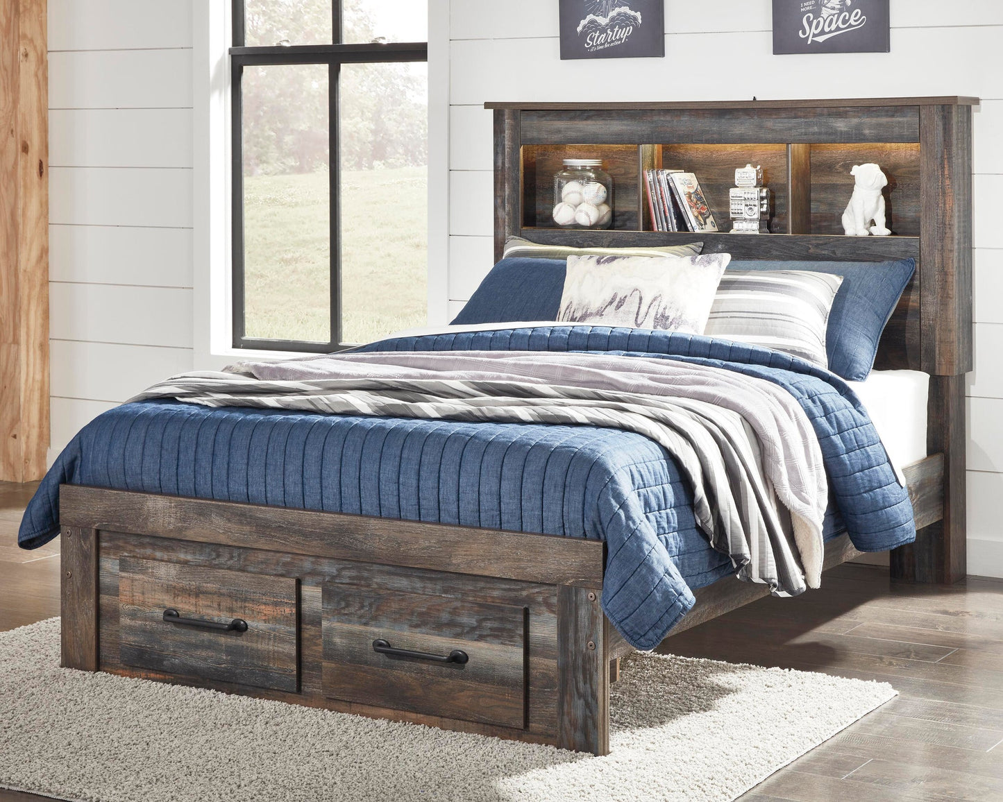 Cama-librería Drystan con dos cajones y cómoda con espejo