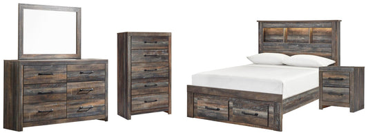 Cama-librería Drystan con dos cajones, cómoda con espejo, cómoda y mesita de noche