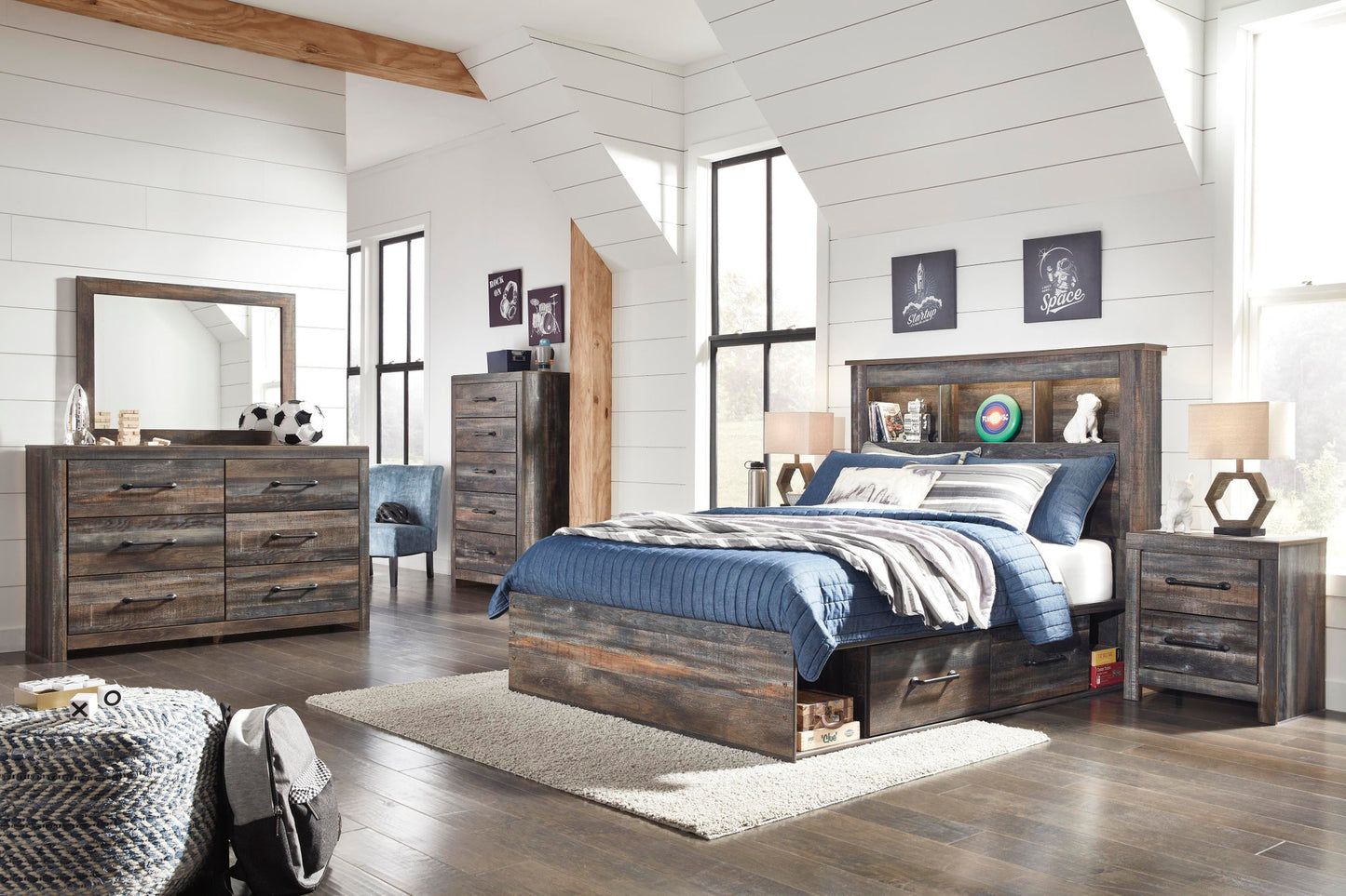 Cama-librería Drystan con dos cajones, cómoda con espejo, cómoda y mesita de noche