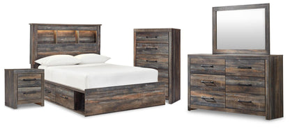 Cama-librería Drystan con dos cajones, cómoda con espejo, cómoda y mesita de noche
