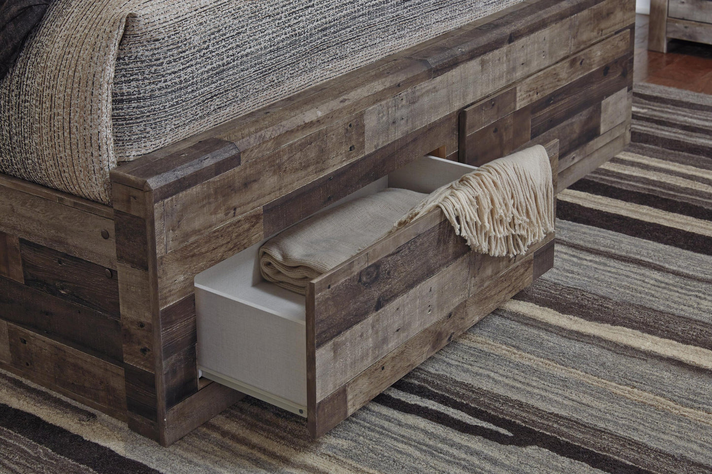 Derekson  Panel Bed With 6 Storage Drawers With Mirrored Dresser