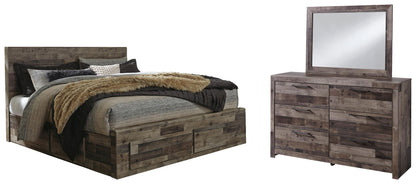 Cama con paneles Derekson con 4 cajones y cómoda con espejo