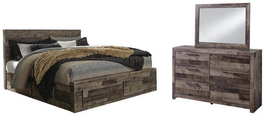 Cama con paneles Derekson con 4 cajones y cómoda con espejo