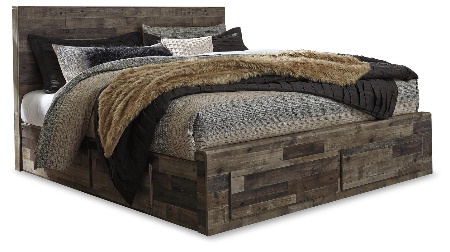 Cama con paneles Derekson con 4 cajones y cómoda con espejo